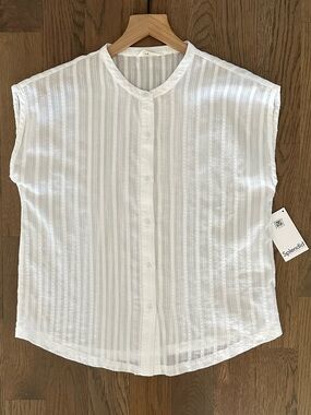 NWT Splendid Sheer Stripe Button Front Short Sleeve Top in White Small